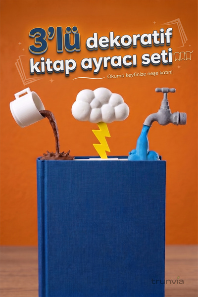 trunvia 3'lü Dekoratif Kitap Ayracı Seti - Kahve, Bulut ve Musluk Tasarımlı 3...