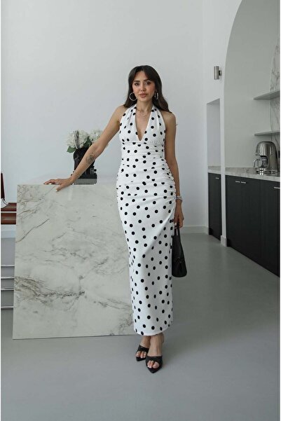 Havoş Λευκό φόρεμα πουά με σούρες στα πλαϊνά