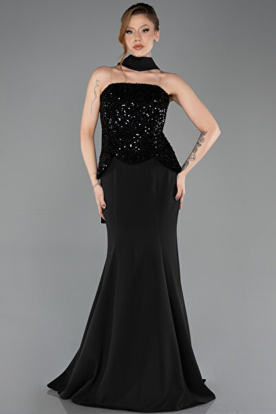 Abiyefon Siyah Pullu Straplez Peplum Kesim Uzun Balık Abiye ABU5704