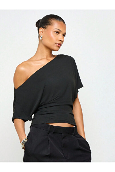 S&A DESIGN Γυναικεία μπλούζα με λαιμόκοψη σκάφος, με έναν ώμο, φαρδιά μανίκια...