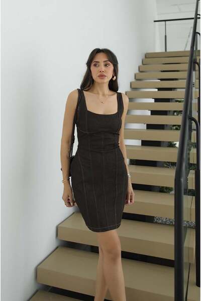 Havoş Καφέ τζιν φόρεμα με λεπτομέρεια ραφής