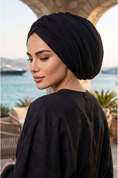 Aişe tesettür Μαύρο διπλό στρώσιμο καπέλο με ντραπέ εφέ