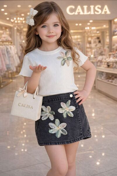 CALİSA Κοριτσίστικο Σετ Σορτς και Φούστα με Απλικέ Λουλούδια |   Πολυτελές Ρι...