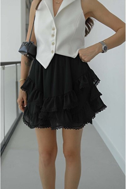 Havoş Μαύρη δαντελένια κεντημένη κοντή φούστα