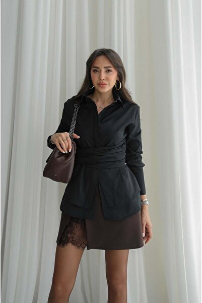 Havoş Μαύρο πουκάμισο με ζώνη που τυλίγεται πάνω από το σώμα