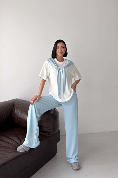 MyLoore Women's Blue Bow Detailed Modal Fabric Top and Bottom Two-Piece Set M...