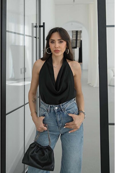 Havoş Μαύρη σατέν μπλούζα με δετό γιακά Degaje