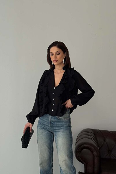 MyLoore Women's Black Ruffle Detailed V-Neck Blouse Mlb196