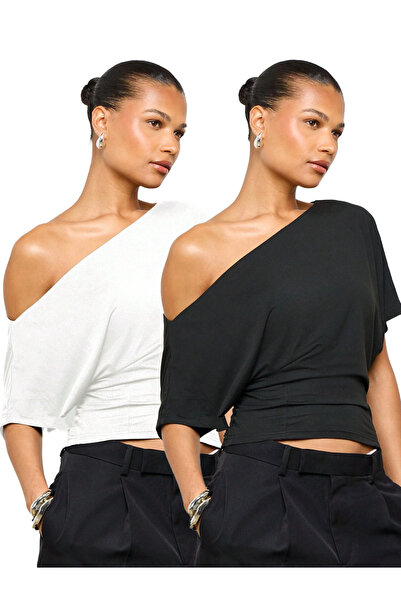 S&A DESIGN Σετ 2 τεμαχίων Γυναικεία μπλούζα με λαιμόκοψη σκάφος, με έναν ώμο,...