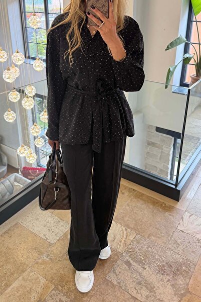 MyLoore Women's Black Stone Detailed Belted Shirt and Trousers Set Mlb190