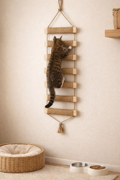 Nuigo Ahşap Kedi Tırmanma Merdiveni ve Duvar Köprüsü - Jüt İpli, 7 Basamak, 7...