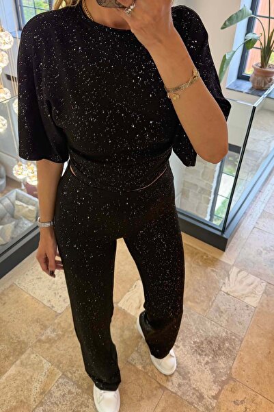 MyLoore Women's Black Glitter Lycra Double Set Mlb191