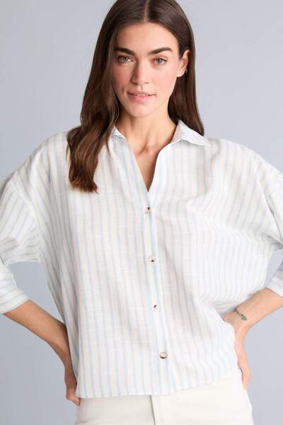 DeFacto Υπερμεγέθες μακρυμάνικο πουκάμισο με ριγέ λινό ύφος και λαιμόκοψη H53...