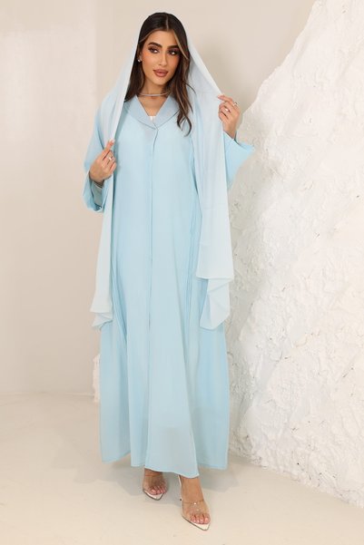 SAI ABAYA Elegant Light Blue Crush Fabric Abaya with Coat Collar Stylish Summer Modest Wear