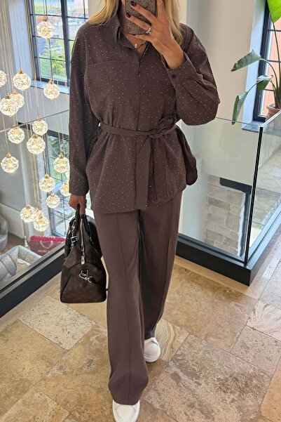 MyLoore Women's Bitter Brown Stone Detailed Belted Shirt and Trousers Set Mlb190