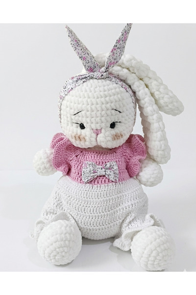 EFELA DÜNYASI Amigurumi Tavşan-Pembe Tulumlu ve Çiçekli Bandanalı Pofuduk Uyk...
