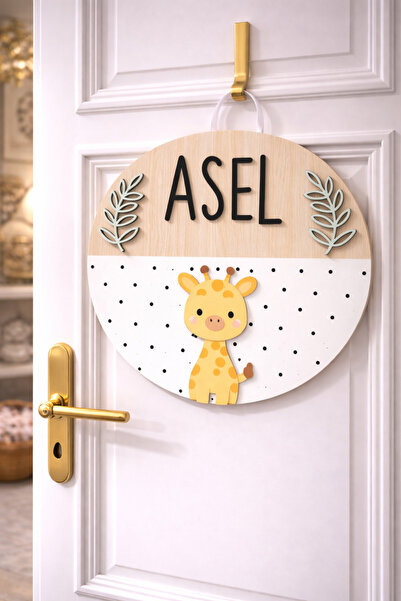 estölye El Yapımı Zürafa Temalı İsme Özel Yuvarlak Bebek Kapı süsü, Hastane S...