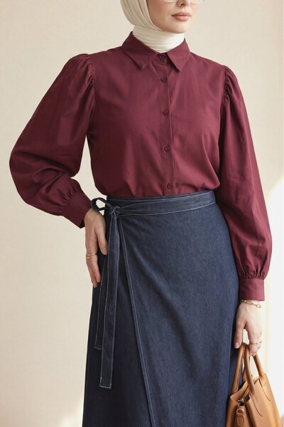 Modamorfo Κοντό πουκάμισο ποπλίνα με μανικέτια μπαλόνι - μπορντό