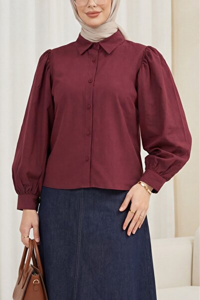 Modamorfo Balloon Cuff Short Poplin Shirt - Burgundy