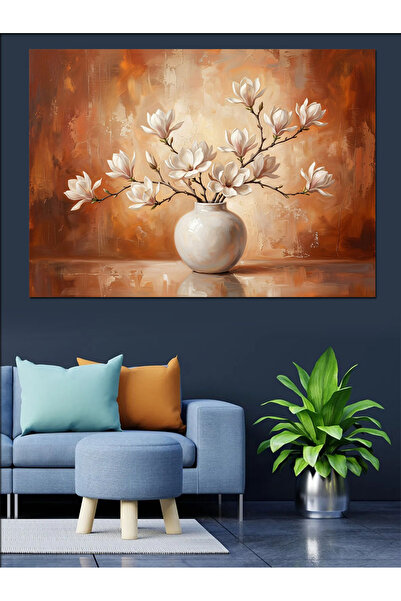 Artmeg Pânză decorativă cu flori de magnolie albe și vază - Tablou din lemn MDF