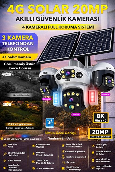 IDS 3 HAREKETLİ 20MP 4 KAMERA 4G SOLAR GÜNEŞ ENERJİLİ GÜVENLİK KAMERASI - ANL...