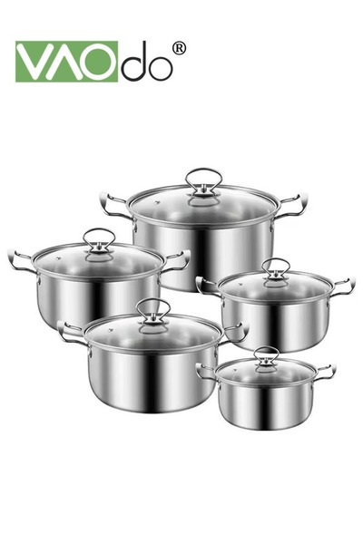 VAODO 10 PCS Stainless Steel Cooking Pot Set with Tempered Glass Lid and Doub...
