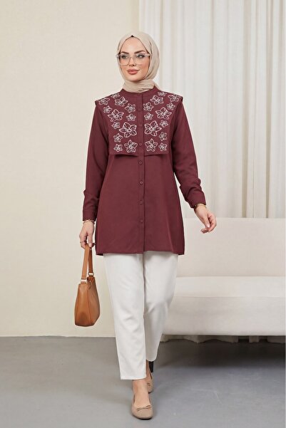 Modamorfo Πουκάμισο από ποπλίνα με λεπτομέρεια κέντημα στο πλάτος - μπορντό