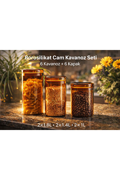 Karma 6 Adet Amber Borosilikat Cam Bakliyat Kavanozu – Cam Kapaklı - 3 Boy (1...