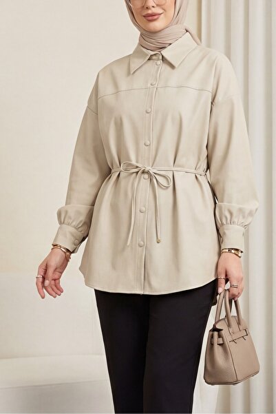 Modamorfo Τουνίκ από μοντάλ με κορδόνια στη μέση και κουμπιά - μπεζ