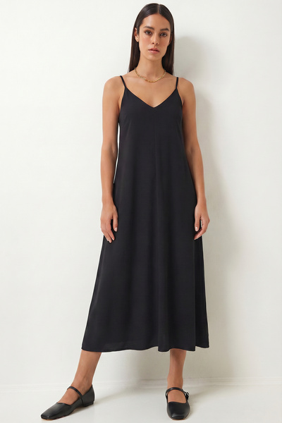 Lovelyİstanbul Καλοκαιρινό φόρεμα με τιράντες και ντραπέ σχέδιο LZV0064 ΜΑΥΡΟ