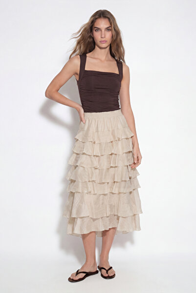 Quzu Ελαστική Φούστα Μίντι με Βολάν και Λάστιχο στη Μέση, Πέτρινη