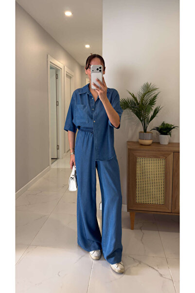 BİRCANÇİL Stera Blue Short Sleeve Shirt Pants Denim Set