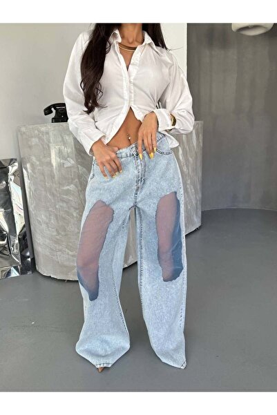 HerTon Pantaloni din denim cu picior larg, cu detaliu transparent și croială ...