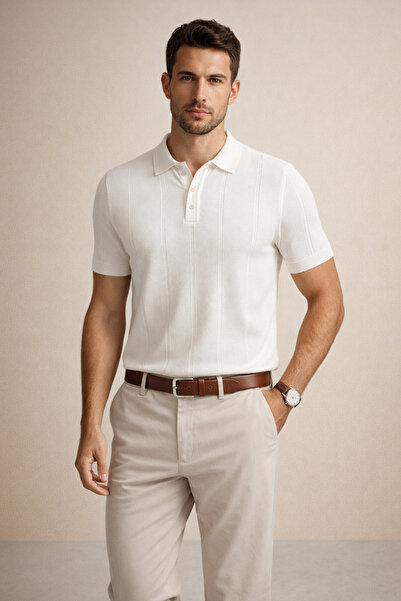 Men's Knitwear Polo Neck Short Sleeve Vertical Patterned Slim Fit T-Shirt Ecru