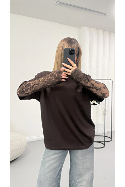 nona butik Μπλουζάκι με δαντελένια λεπτομέρεια στα μανίκια - Καφέ