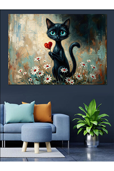 Artmeg Pisică neagră drăguță în interiorul florilor - Tablou decorativ din le...