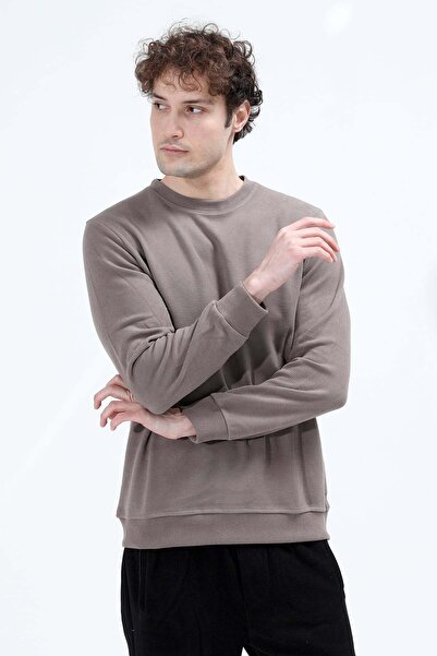 JB John Borners Мъжки суичър с кръгло деколте и бродерия, цвят камък - 26K 6138