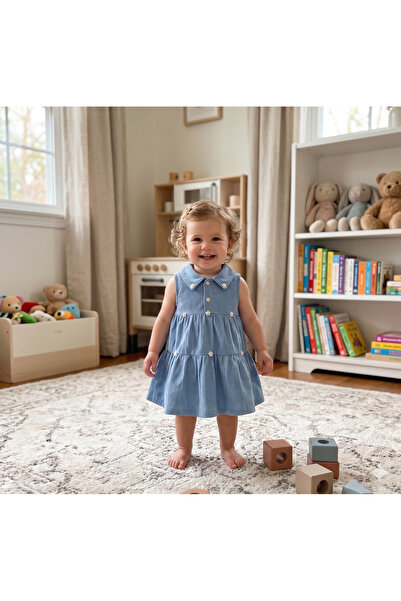 genybaby Kız Bebek Kot Elbise Çiçek Nakışlı Yazlık Jean Elbise 6-24 Ay