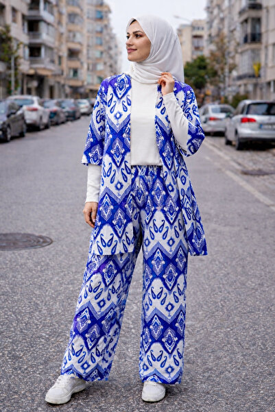 İpli Blue Color Ethnic Patterned Double Kimono Set (Comfortable Fit)