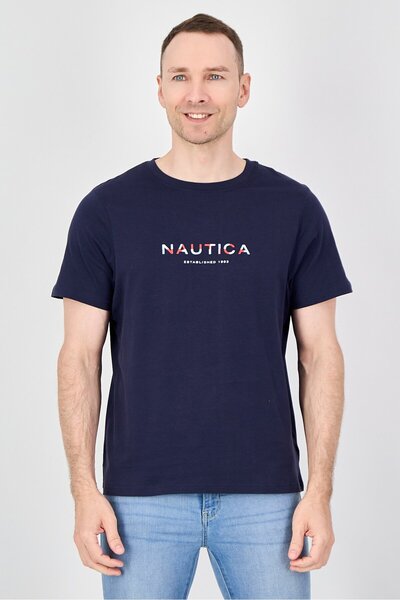 Nautica تي شيرت رجالي بشعار العلامة التجارية بأكمام قصيرة ورقبة دائرية، أزرق ...