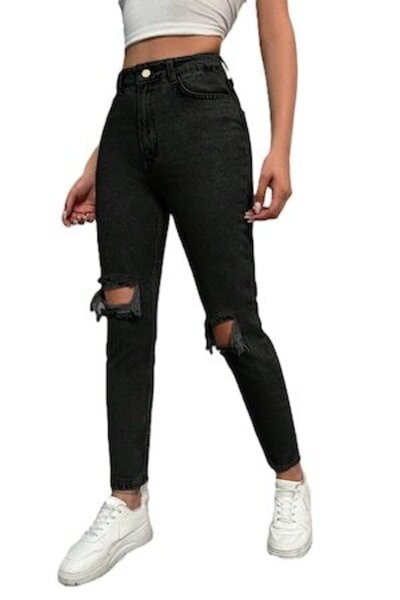 StreetWear Outlet Blugi skinny rupți de damă cu talie înaltă și rupturi, negr...