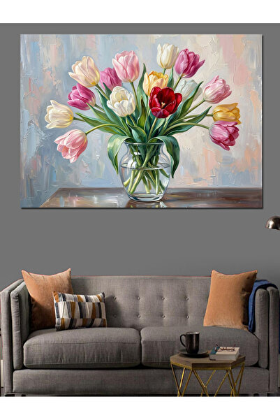 Artmeg Buchet de lalele colorate proaspete într-o vază - Pânză decorativă - T...