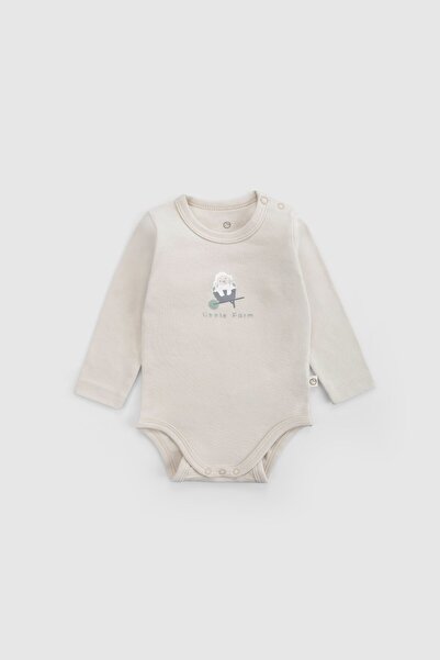 Little Gusto Long Sleeve Organic Cotton Beige Bodysuit Little Farm