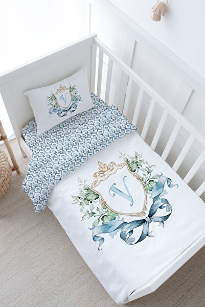 Tuğba Kuğu Baby Size Duvet Cover Set (100X150) - Blue Royal Series - Letter V