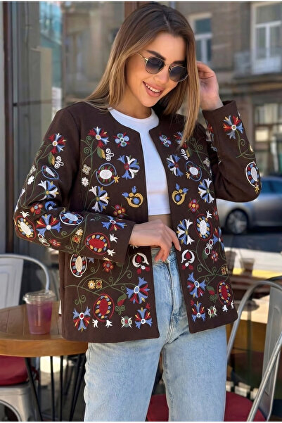 FEMELLE Γυναικείο καφέ μπουφάν με κεντημένα λουλούδια και έθνικ σχέδια