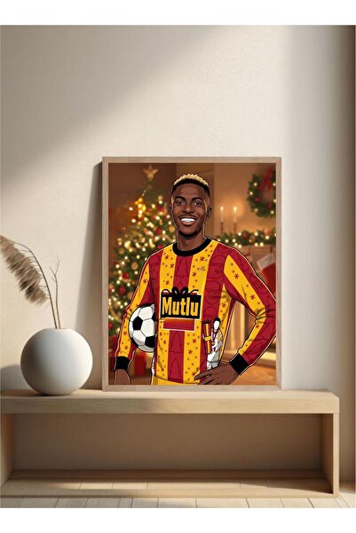 MOR TABLO Victor Osimhen Sarı Kırmızı Futbol Tablo Doğal Ahşap Çerçeveli