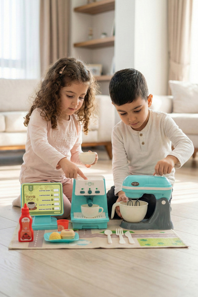 ROZİTOYS مجموعة ماكينة صنع القهوة والخلاط المضيئة في صندوق باللون الأزرق