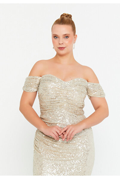 Sienna Fashion Ελέινε Κρεμ Φόρεμα με Παγιέτες