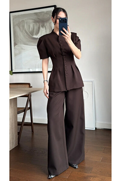 My Blog Καφέ Σετ Ρούχων με Μανίκια Μπαλόνι και Εφαρμογή στη Μέση - 1704