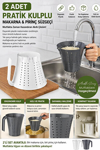 Anadolu Saray 2 Adet Kulplu Makarna ve Pirinç Süzgeci Pratik Plastik Sürahi T...